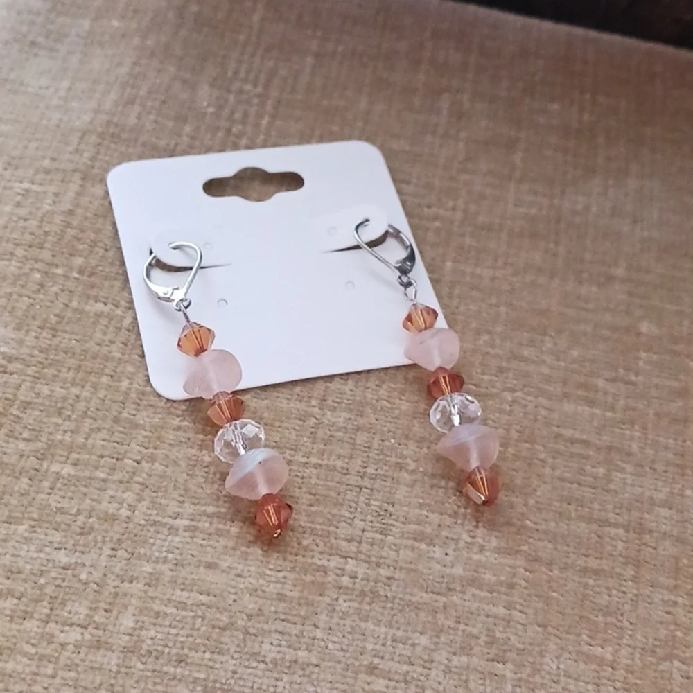 Silver Tone Leverback Pink Brown Glass Beaded Dangle Earrings